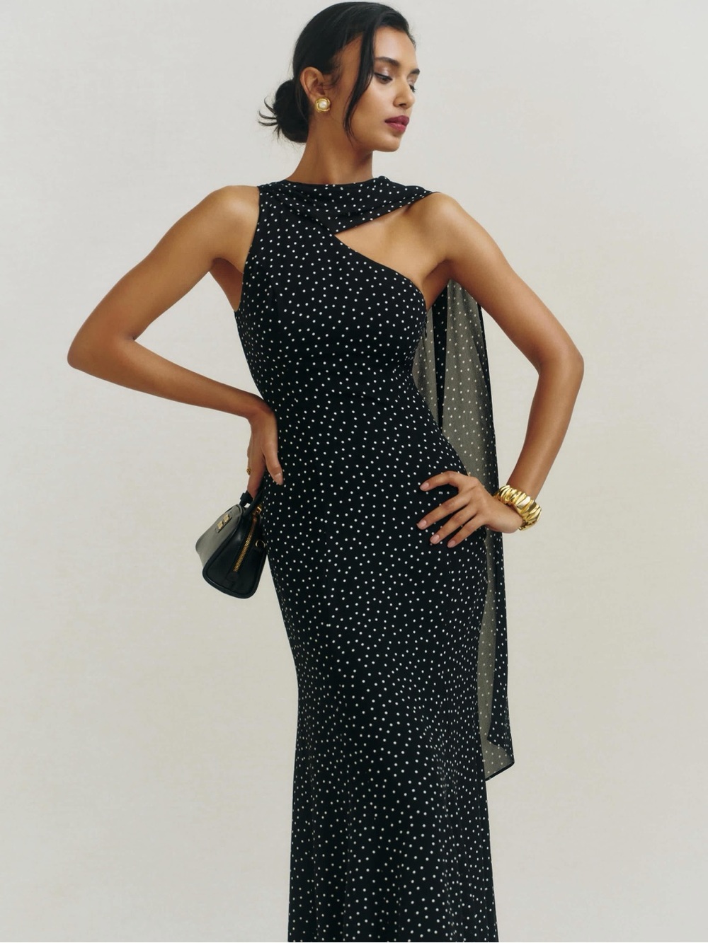REFORMATION Rosalynn Black and White Polka Dot One-Shoulder Dress